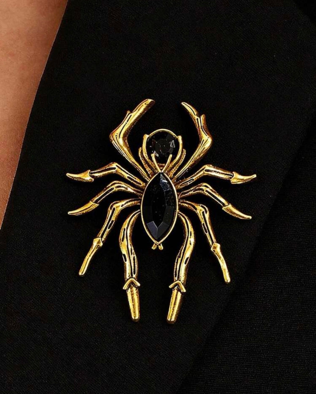 Gold-Tone Gothic Black Crystal Spider Brooch