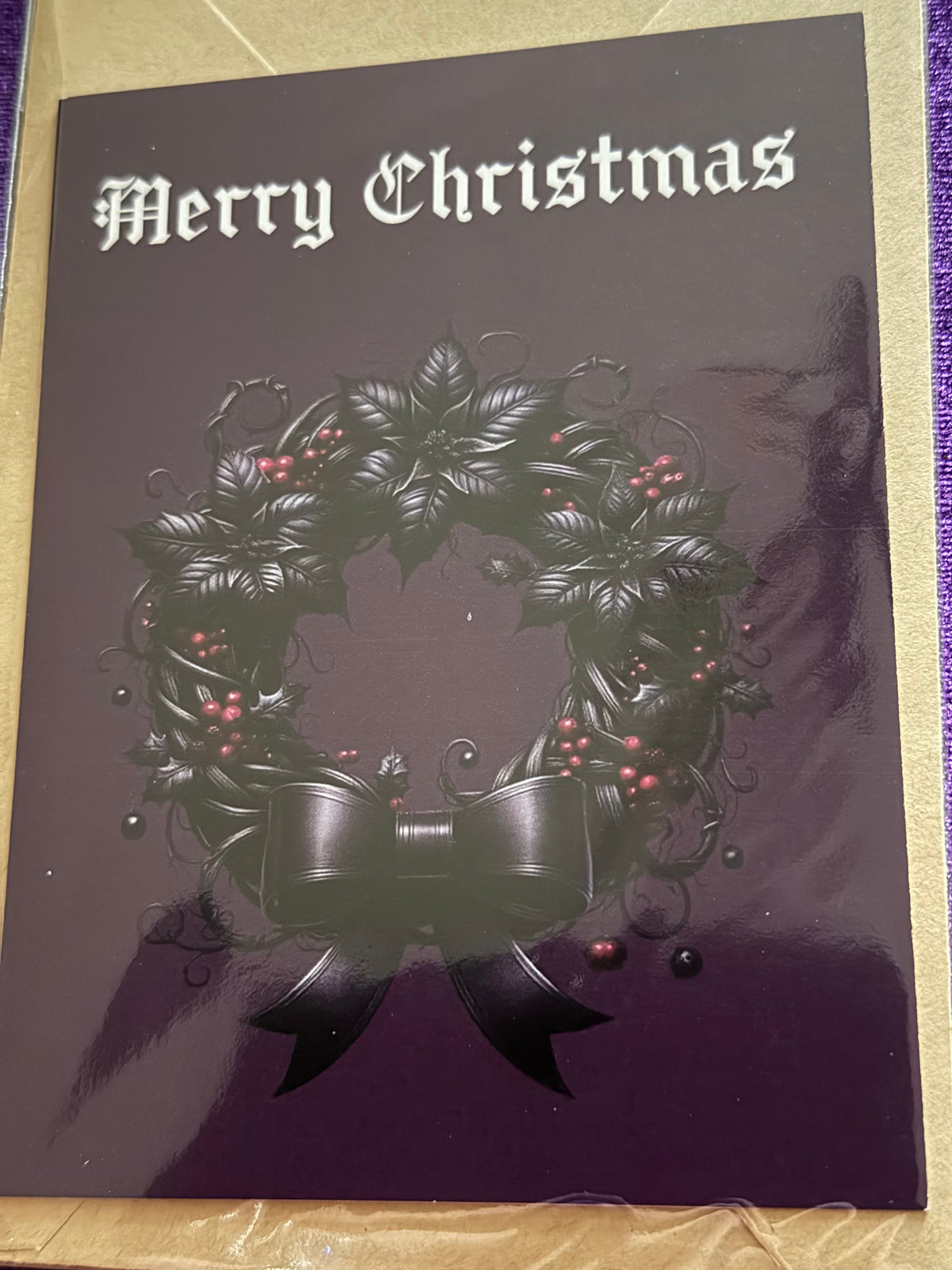 Gothic Black Christmas Wreath On Purple Card