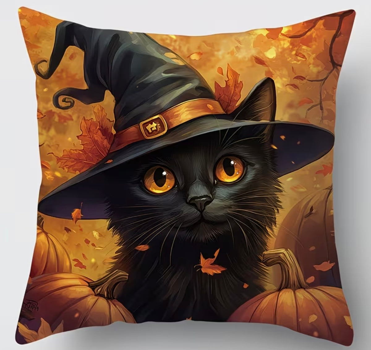 Autumn Witch Cat Cushion Cover – 45 × 45cm