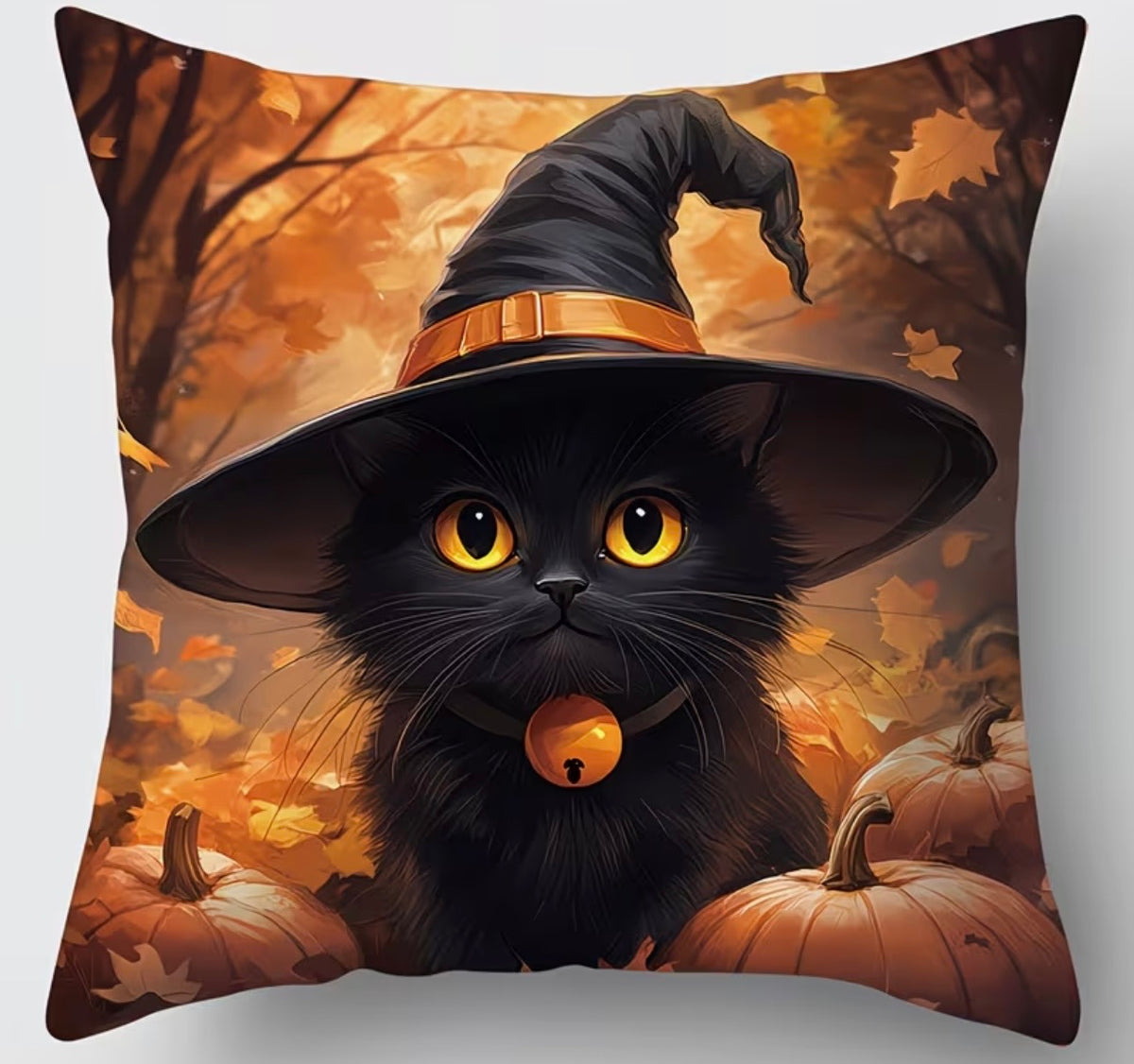 Autumn witch Cat With Pumpkins Cushion Cover