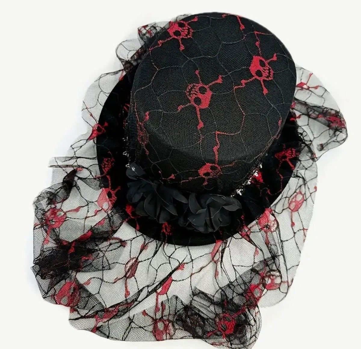 Black & Red Gothic Skull Lace Top Hat