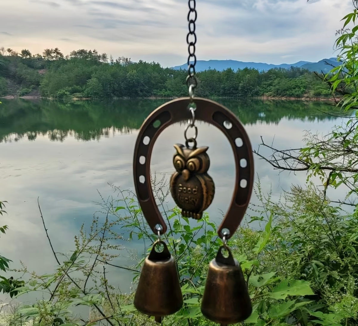 Good Luck Owl & Horseshoe Brass Wind Chime