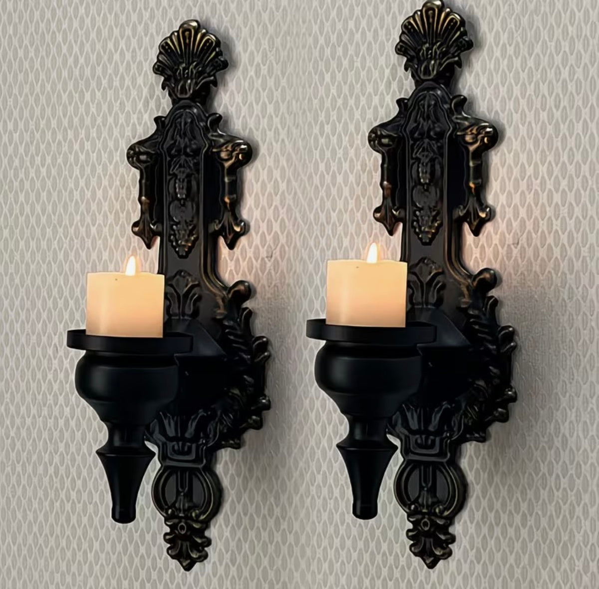 Ornate Victorian Gothic Black Wall Candle Sconces – Pair
