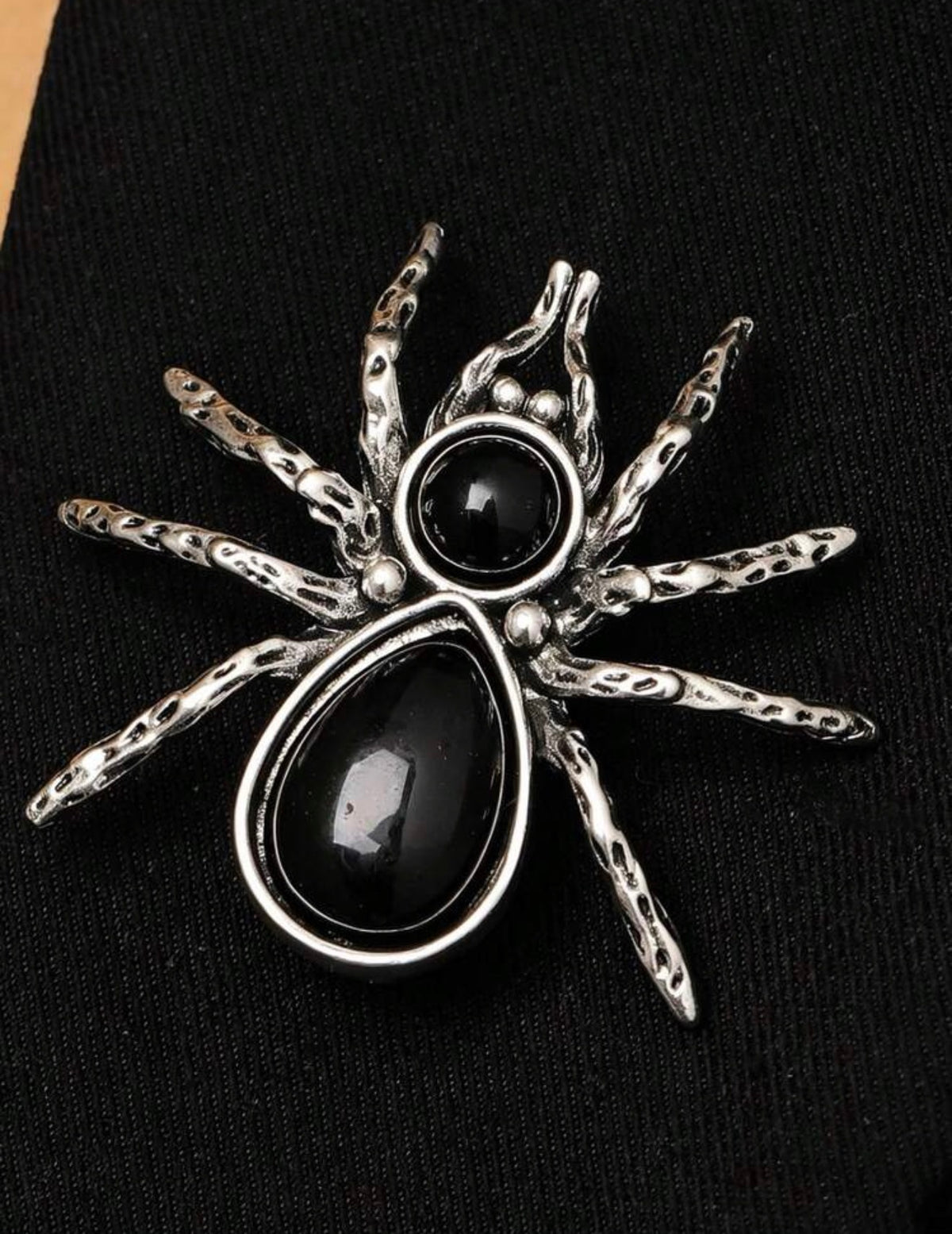 Silver-Tone Ornate Black Crystal Spider Brooch