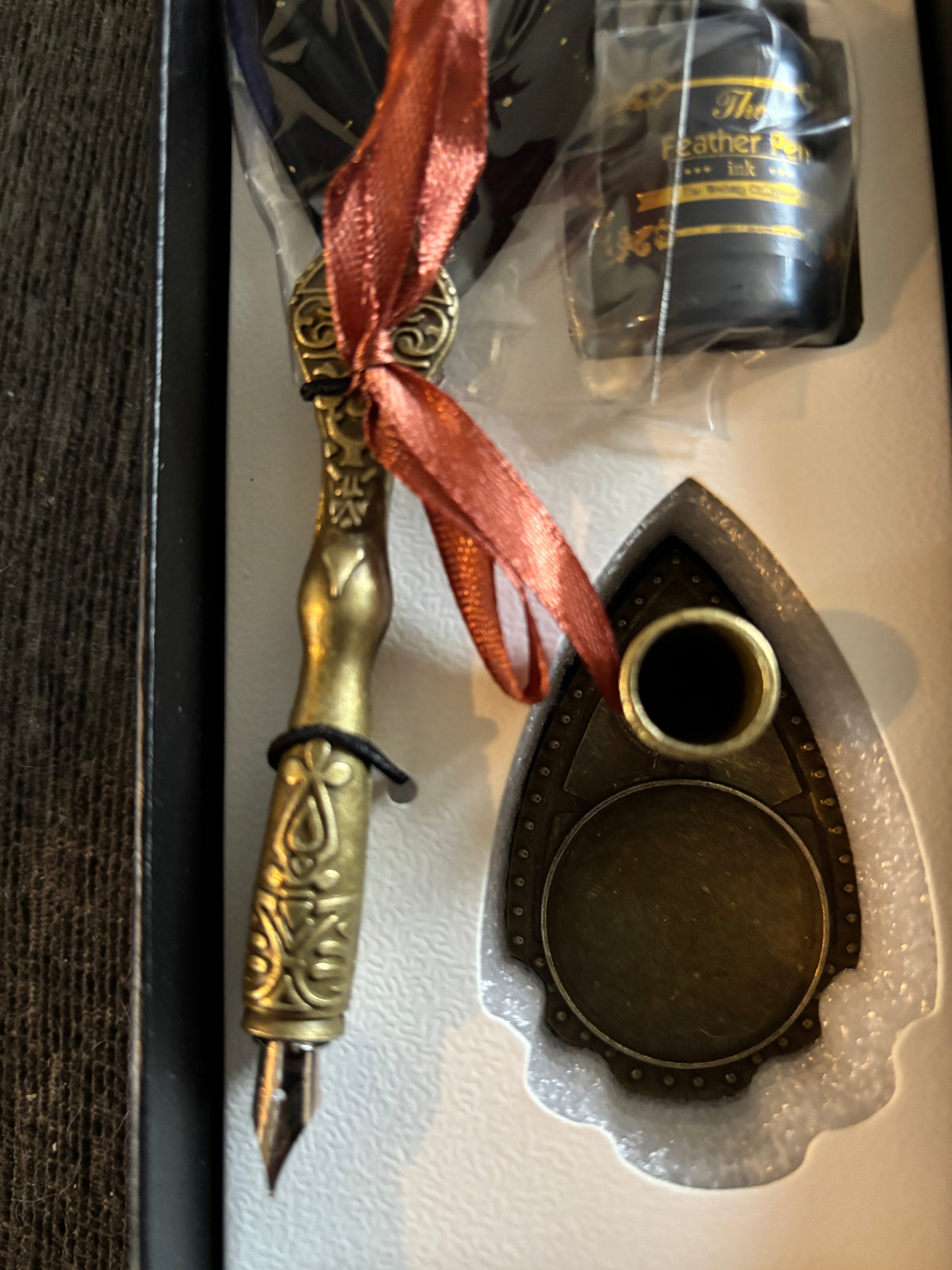 Vintage Red Feather Ink & Quill Set with Stand
