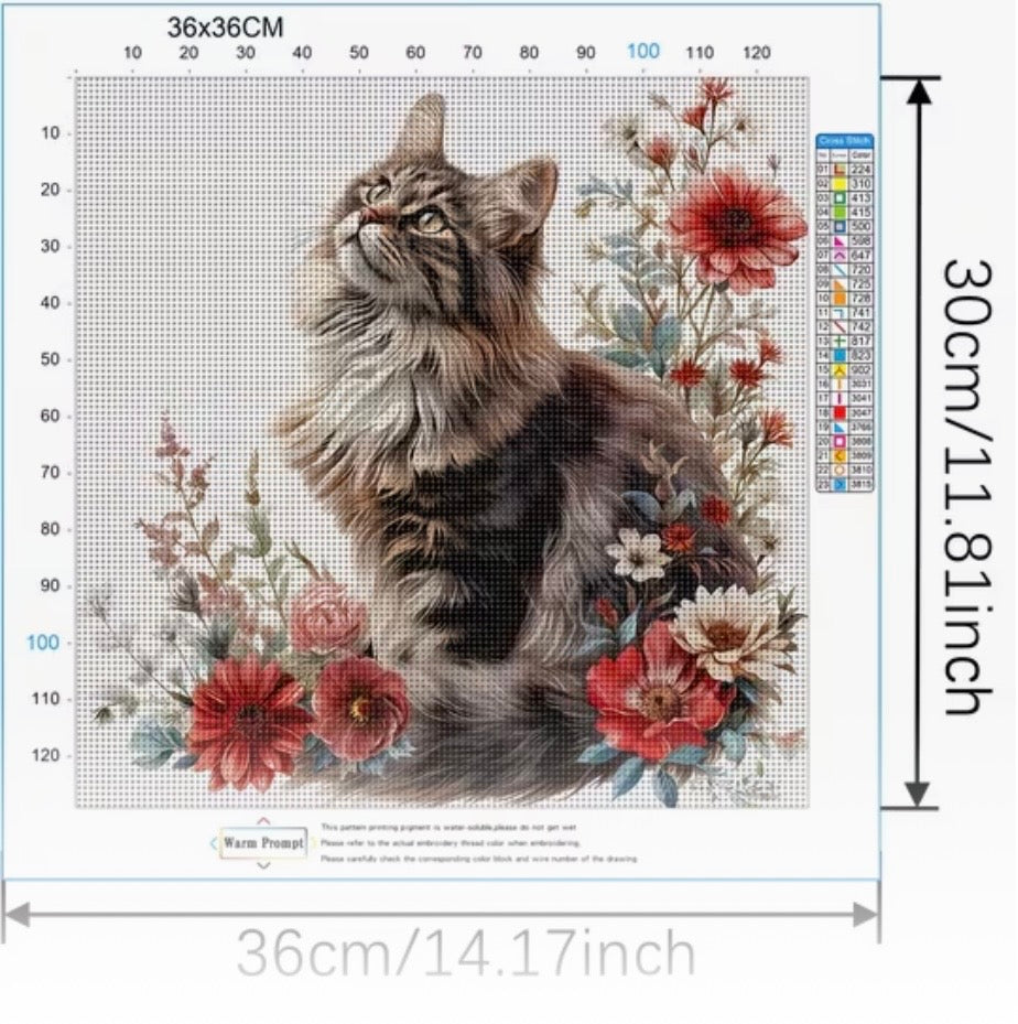 Floral Cat 14-Count Cross-Stitch Kit – Complete Kit – 36 × 30 cm