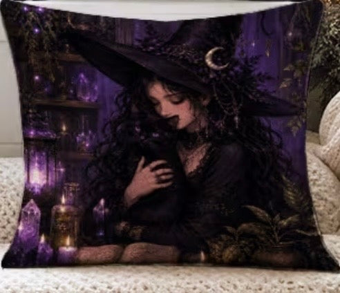 Witch and Black Cat Polyester Cushion Cover – 45 × 45cm