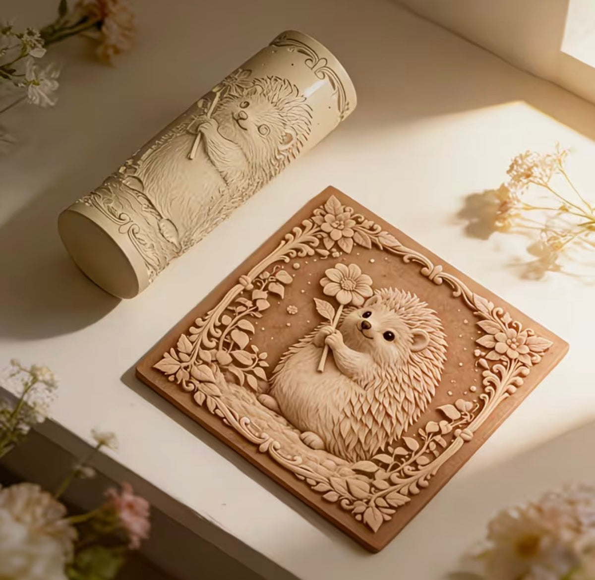 Hedgehog & Wildflowers Clay Texture Roller