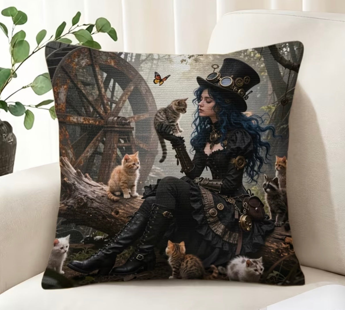 The Steampunk Cat Lady Velvet Cushion Cover