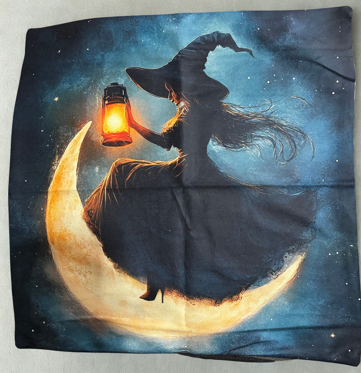 Witch on the Crescent Moon Velvet Cushion Cover – 45 × 45 cm