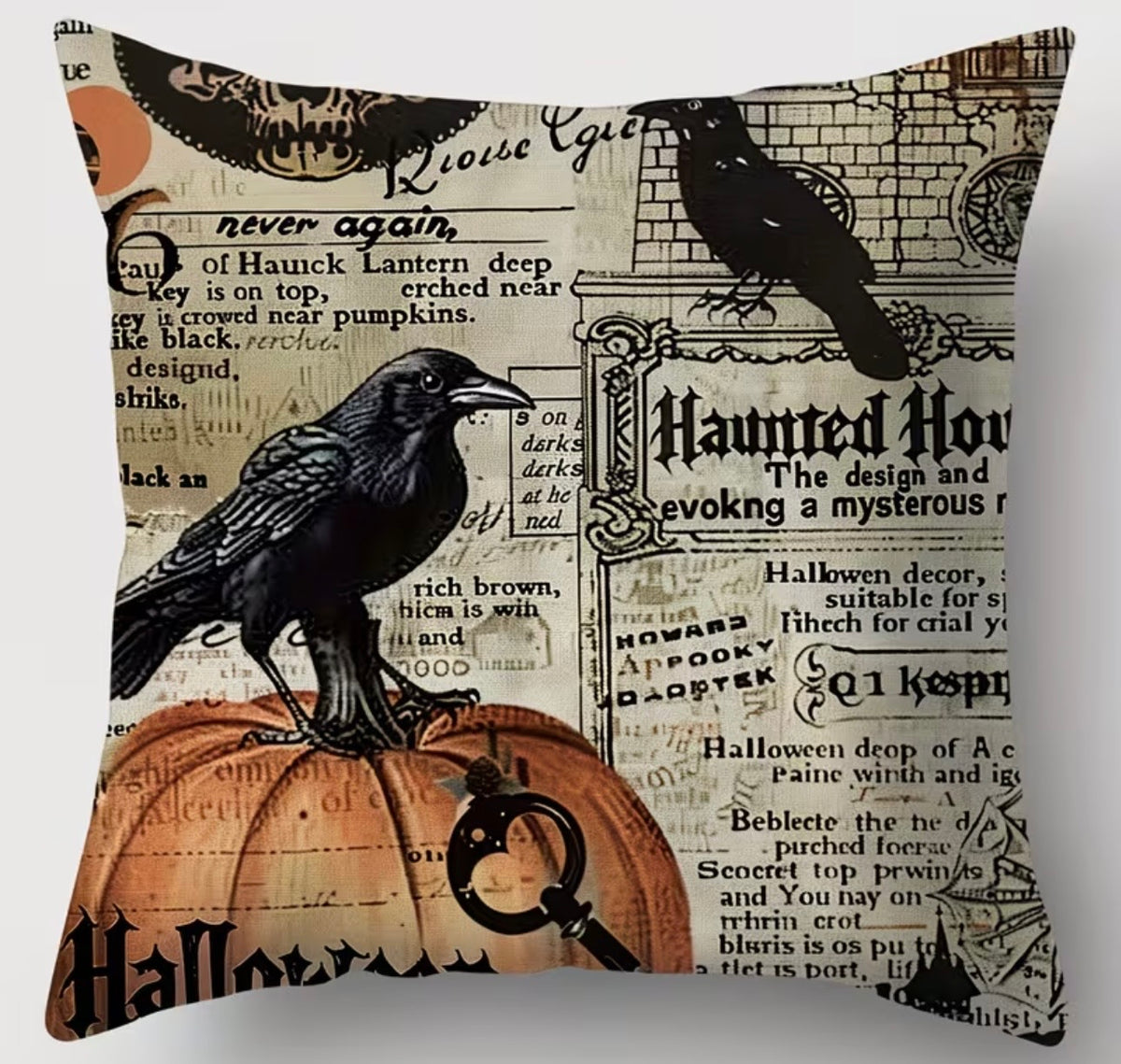 Haunted Raven and Pumpkin Gothic Cushion Cover – 45 × 45cm