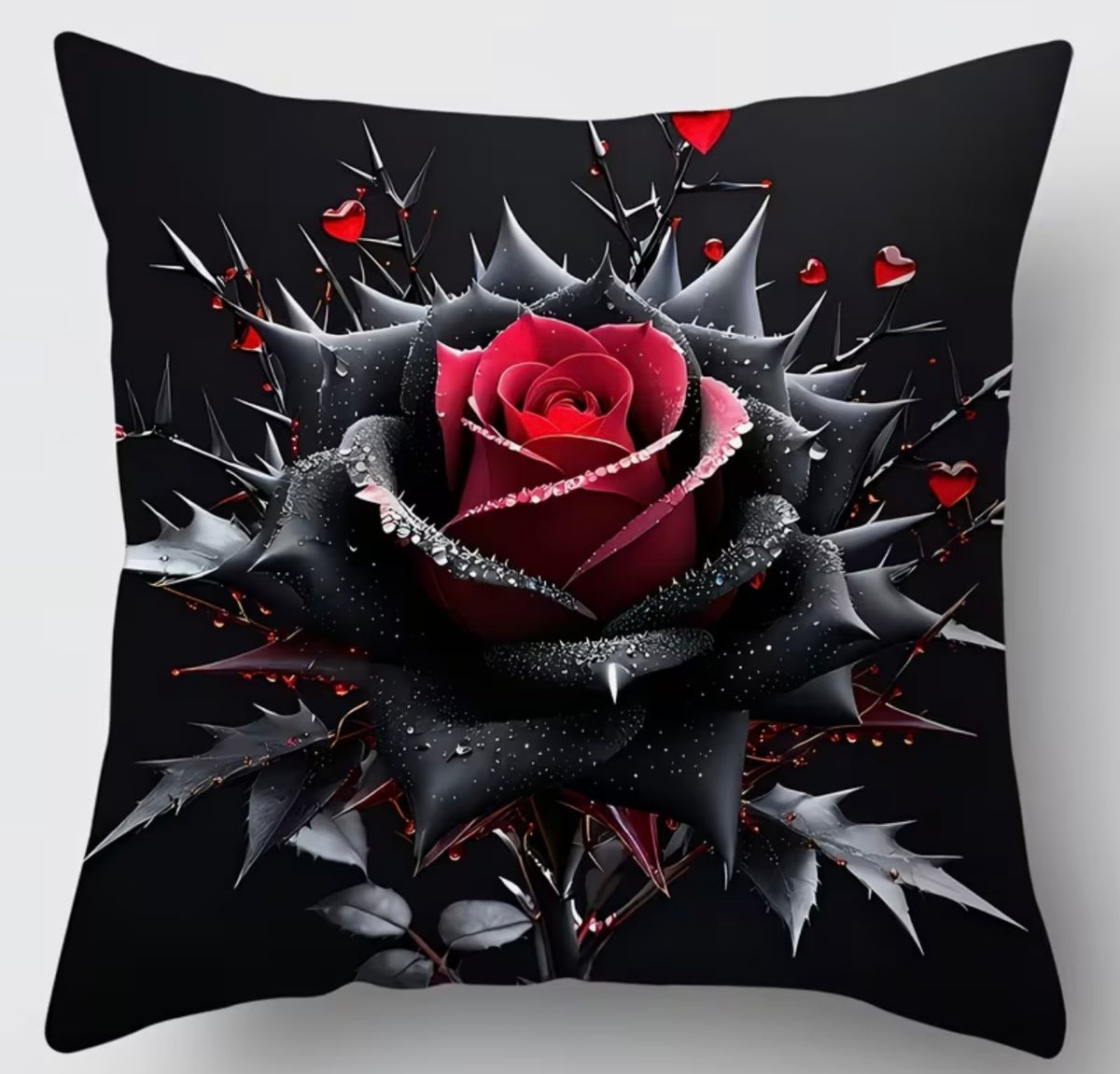 Gothic Black and Crimson Thorned Rose Cushion Cover – 45 × 45cm