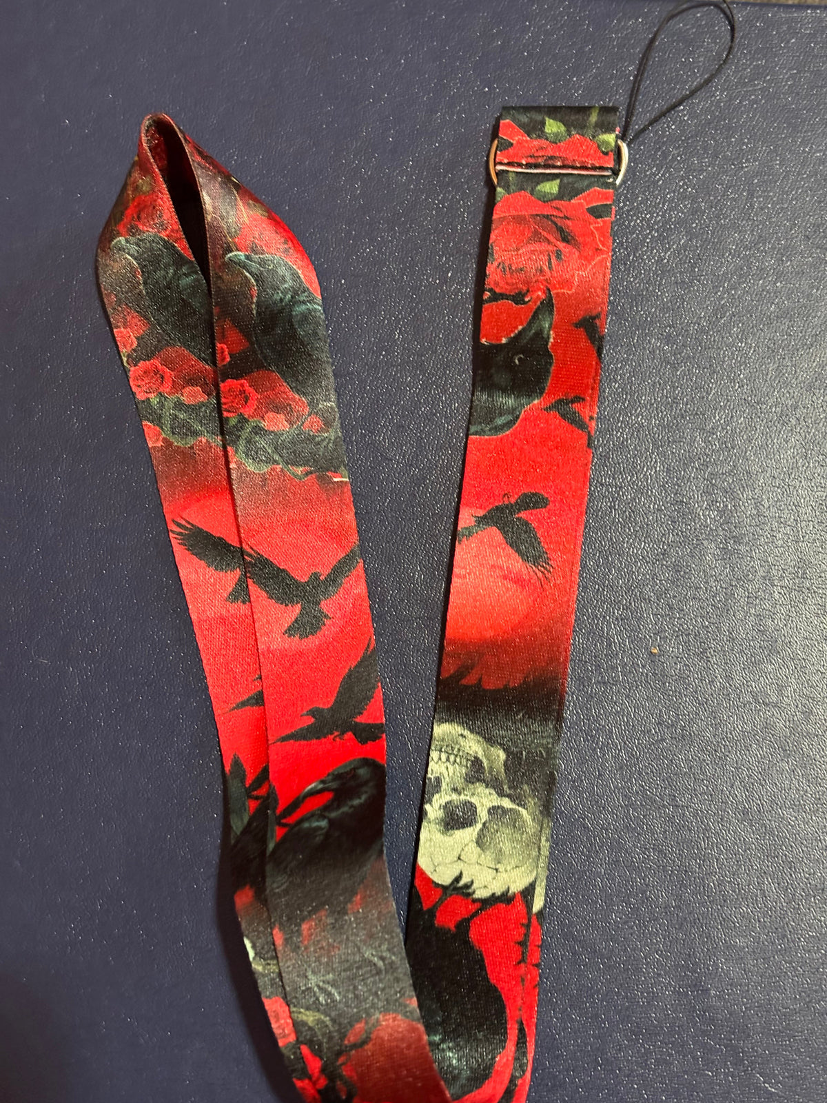 Red Raven, Skull & Rose Lanyard with Clip & Phone String