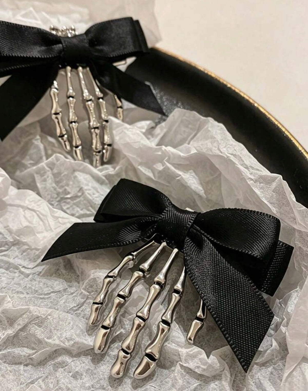 Skeleton Hand & Black Bow Gothic Hair Clips – Pair