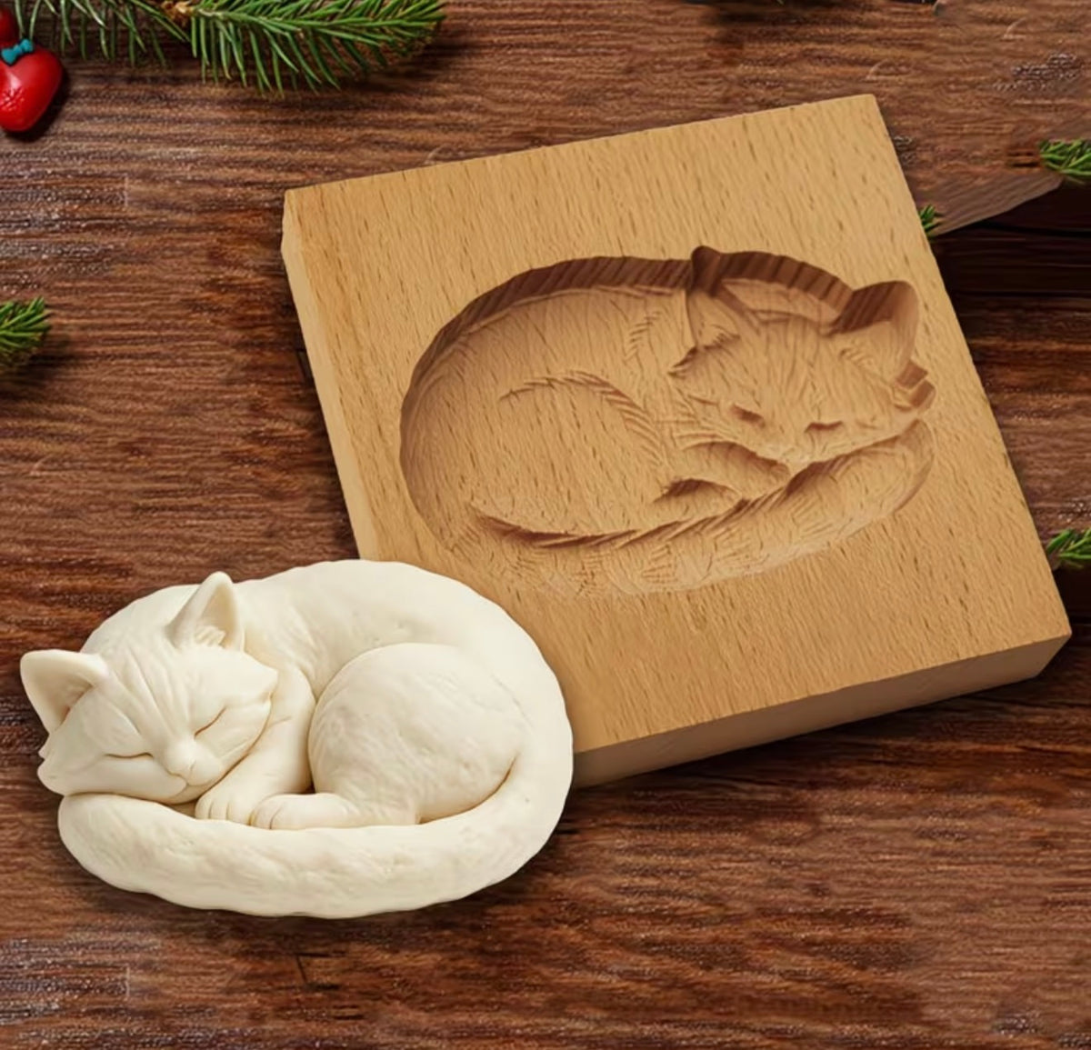 Sleeping Cat Traditional Wooden Cookie Mould