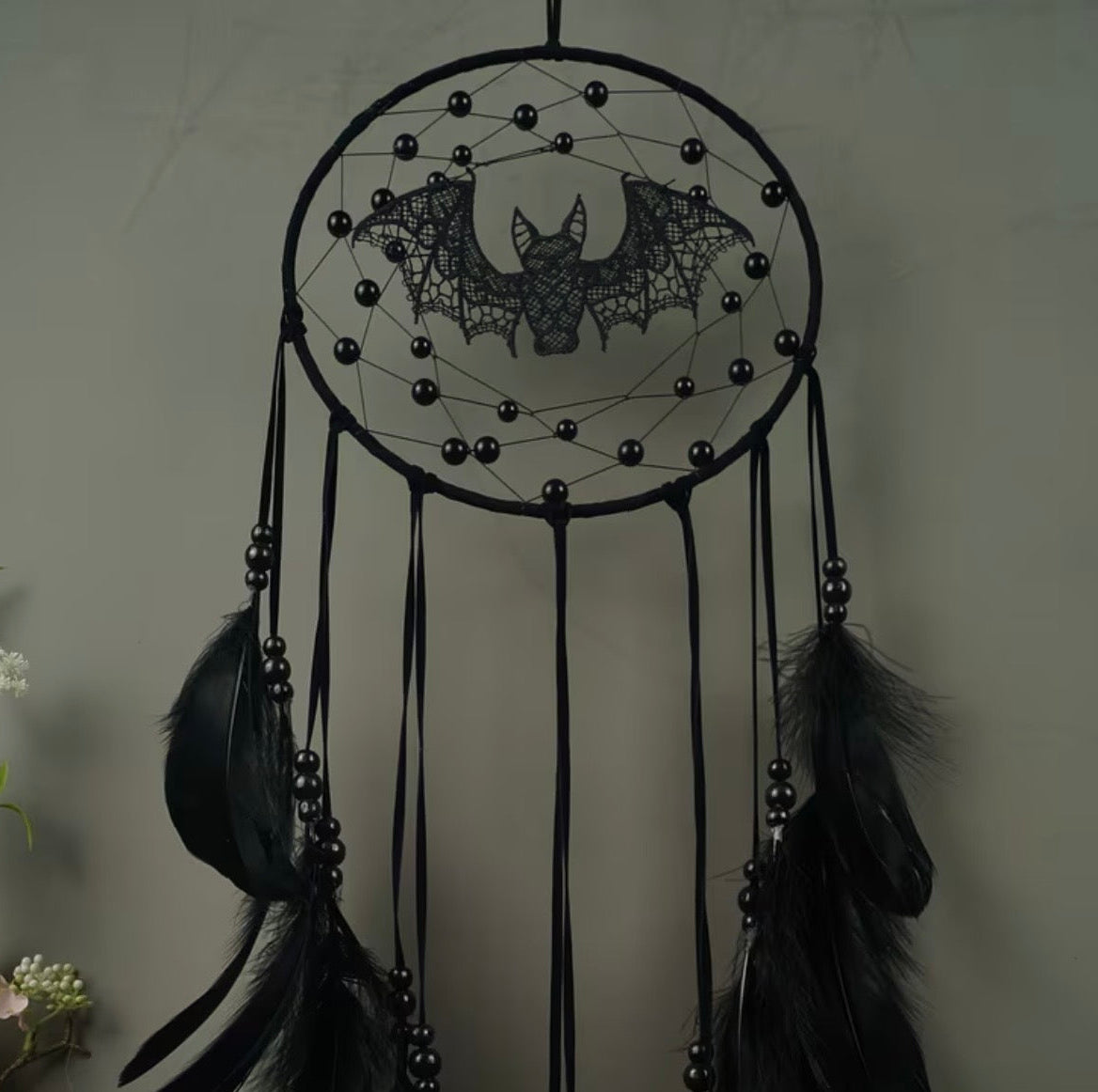 Handmade Lace Bat Dreamcatcher – Black Gothic 54cm