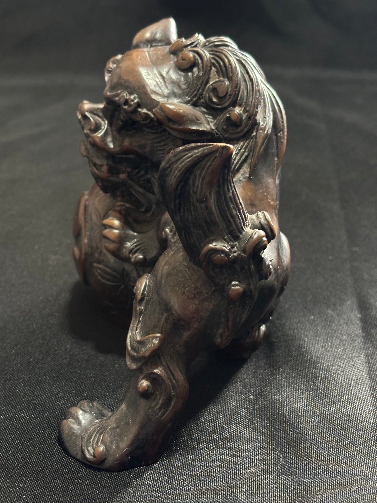 Vintage Heavy Resin Foo Dog Guardian Lion with Brocade Ball