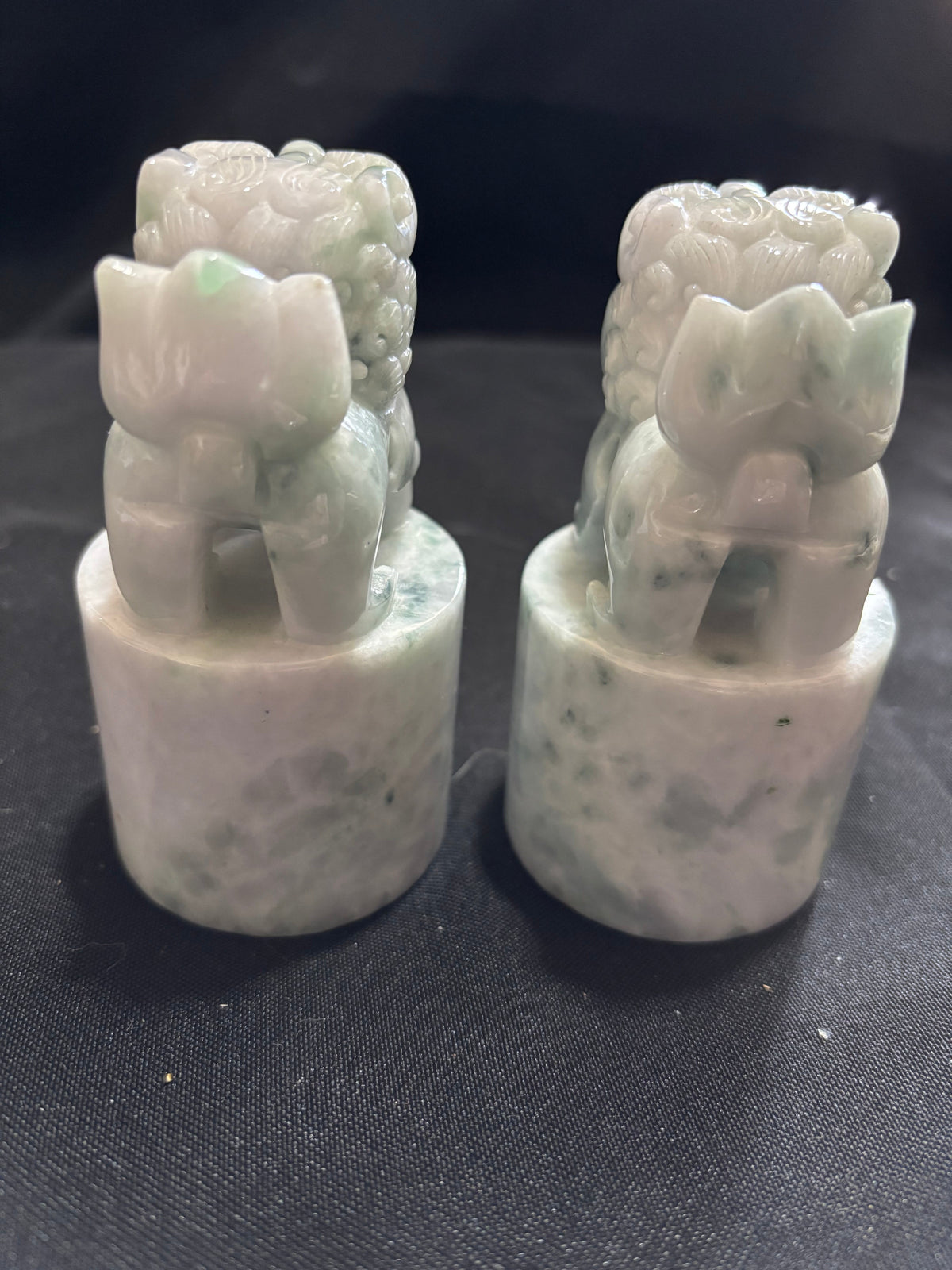 Pair of Vintage Carved Grey & White Jade Foo Dog Guardian Lions