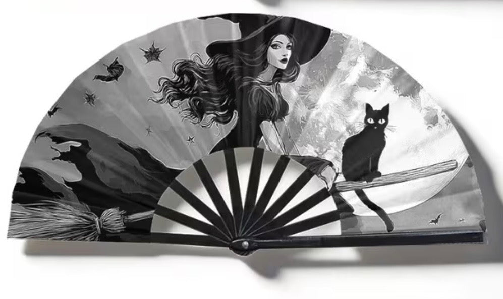 Midnight Flight Witch & Familiar Folding Fan