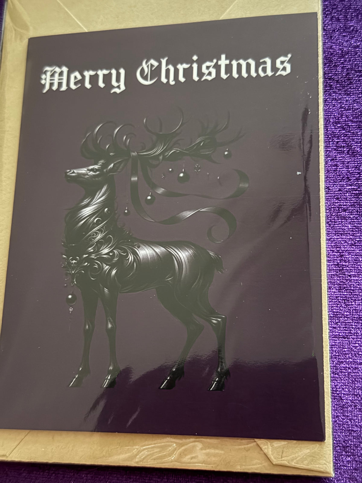 Gothic Black Reindeer on Purple Christmas Card