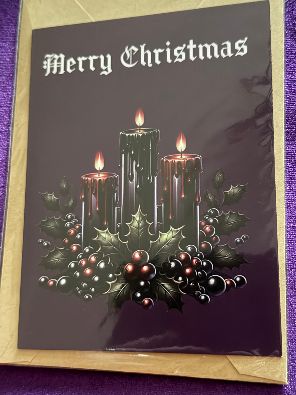 Gothic Black Candles on Purple Christmas Card