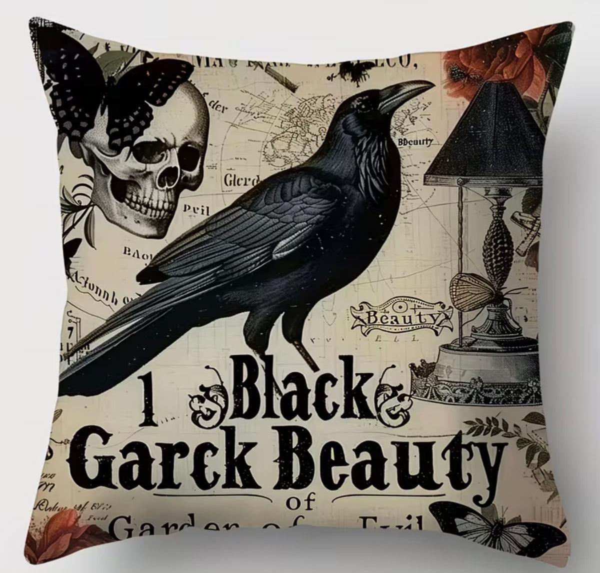 Black Raven Gothic Curiosities Polyester Cushion Cover – 45 × 45cm