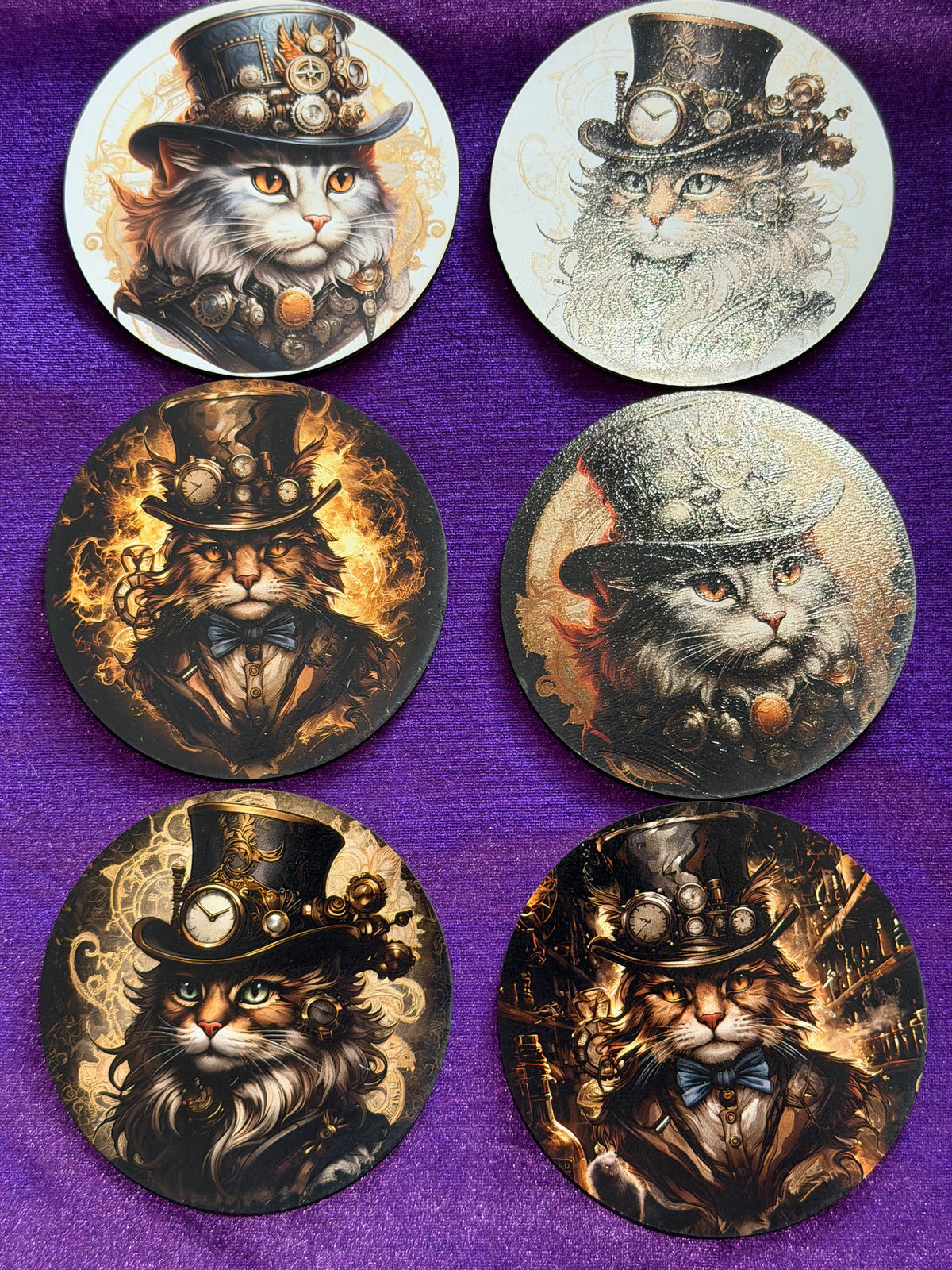 Steampunk Cats Wooden Coasters – Set of Six