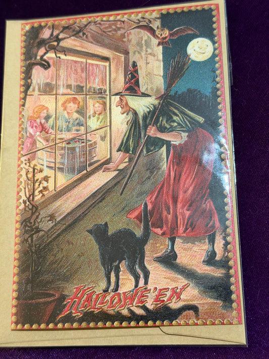 Retro Witch at the Window Samhain Card