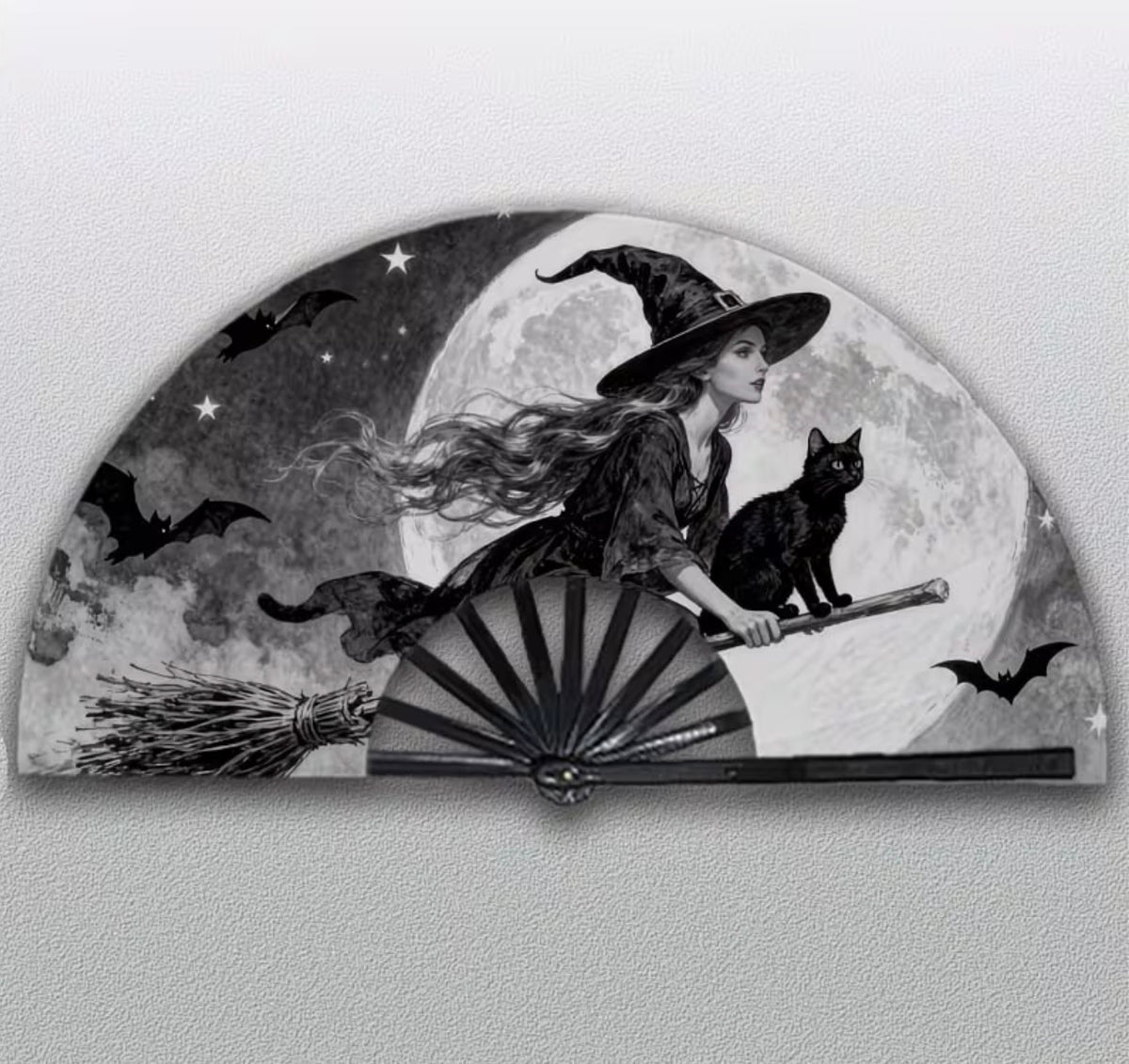 Extra Large Witch & Black Cat Folding Fan – 65 × 35 cm