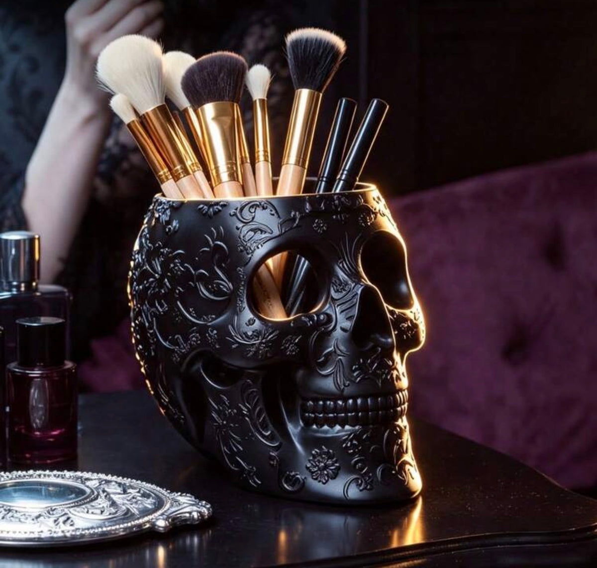 Gothic Black Skull Makeup Brush Or Pen Holder