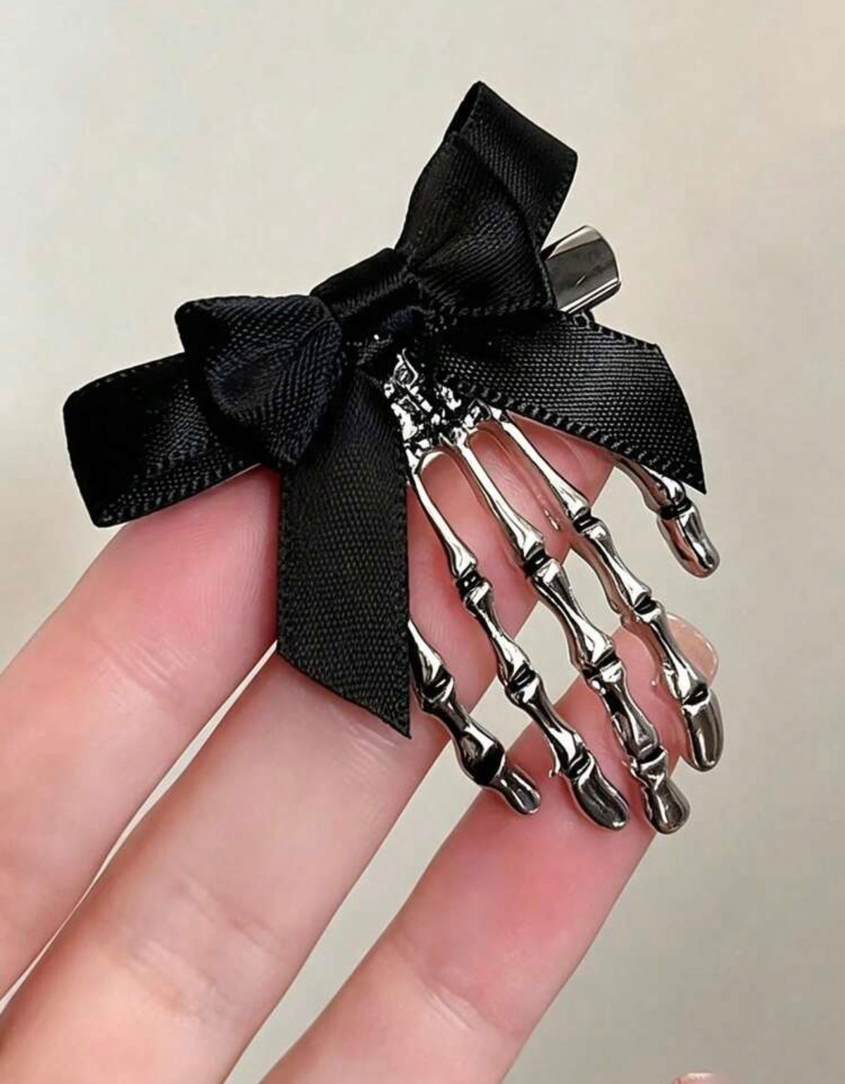 Skeleton Hand & Black Bow Gothic Hair Clips – Pair
