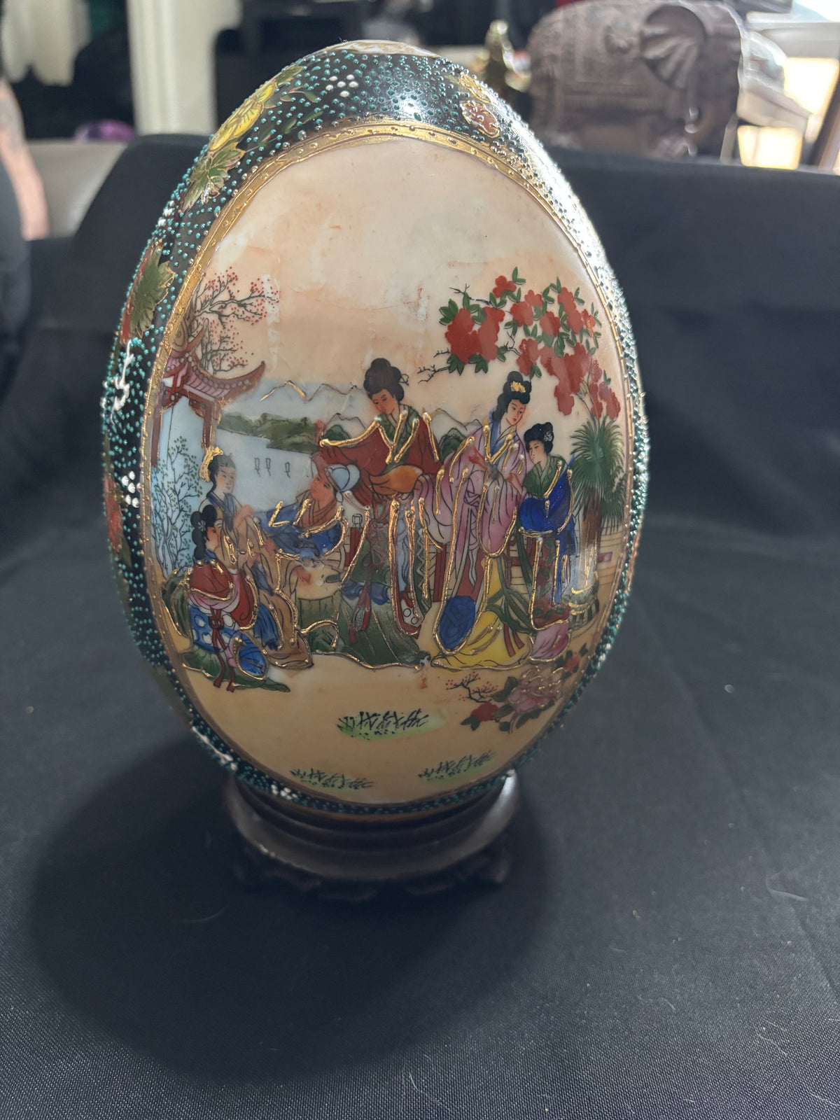 Large Vintage Chinese Satsuma-Style Moriage Egg on Stand