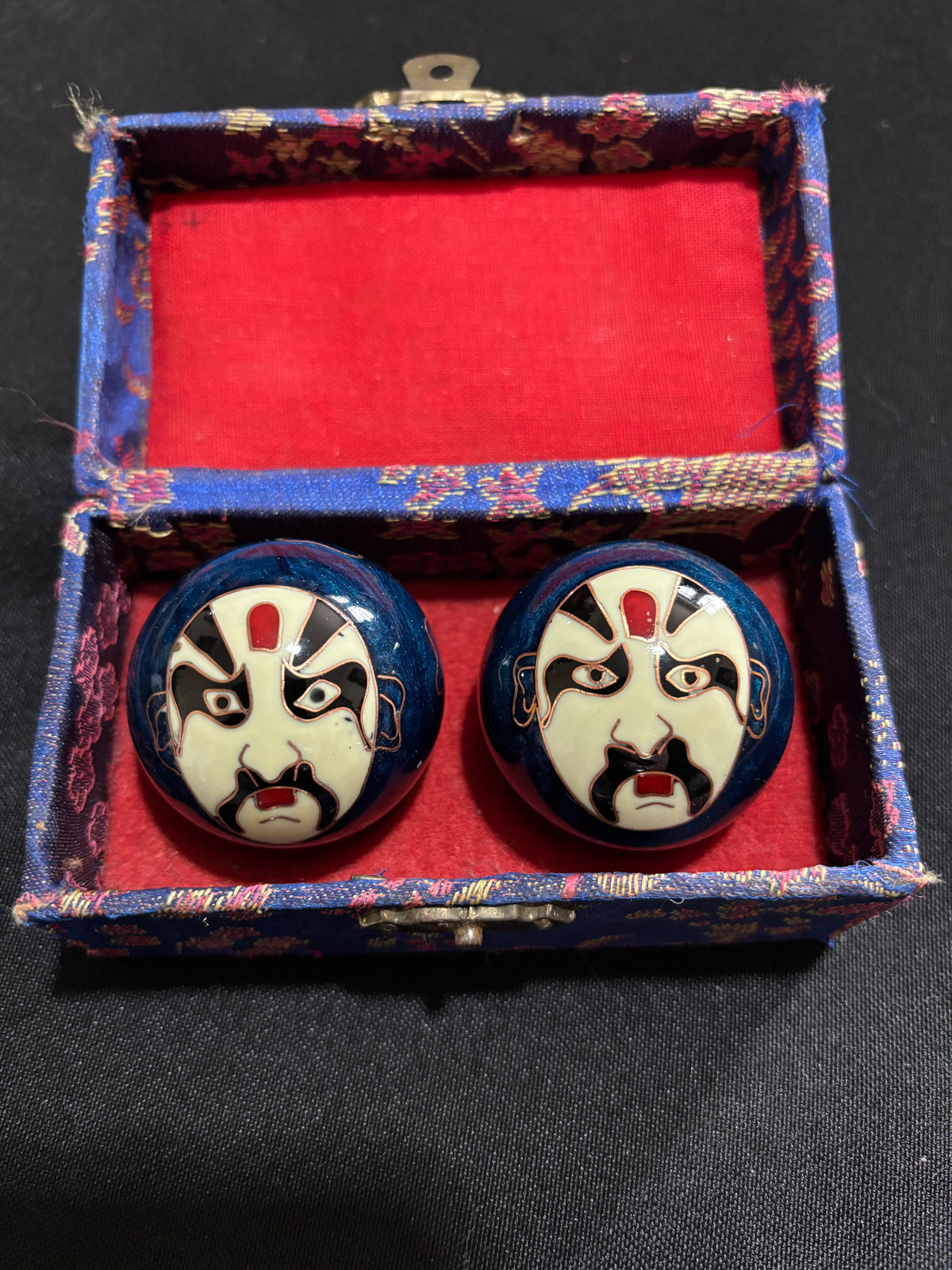 Vintage Chinese Opera Face Baoding Balls in Brocade Box