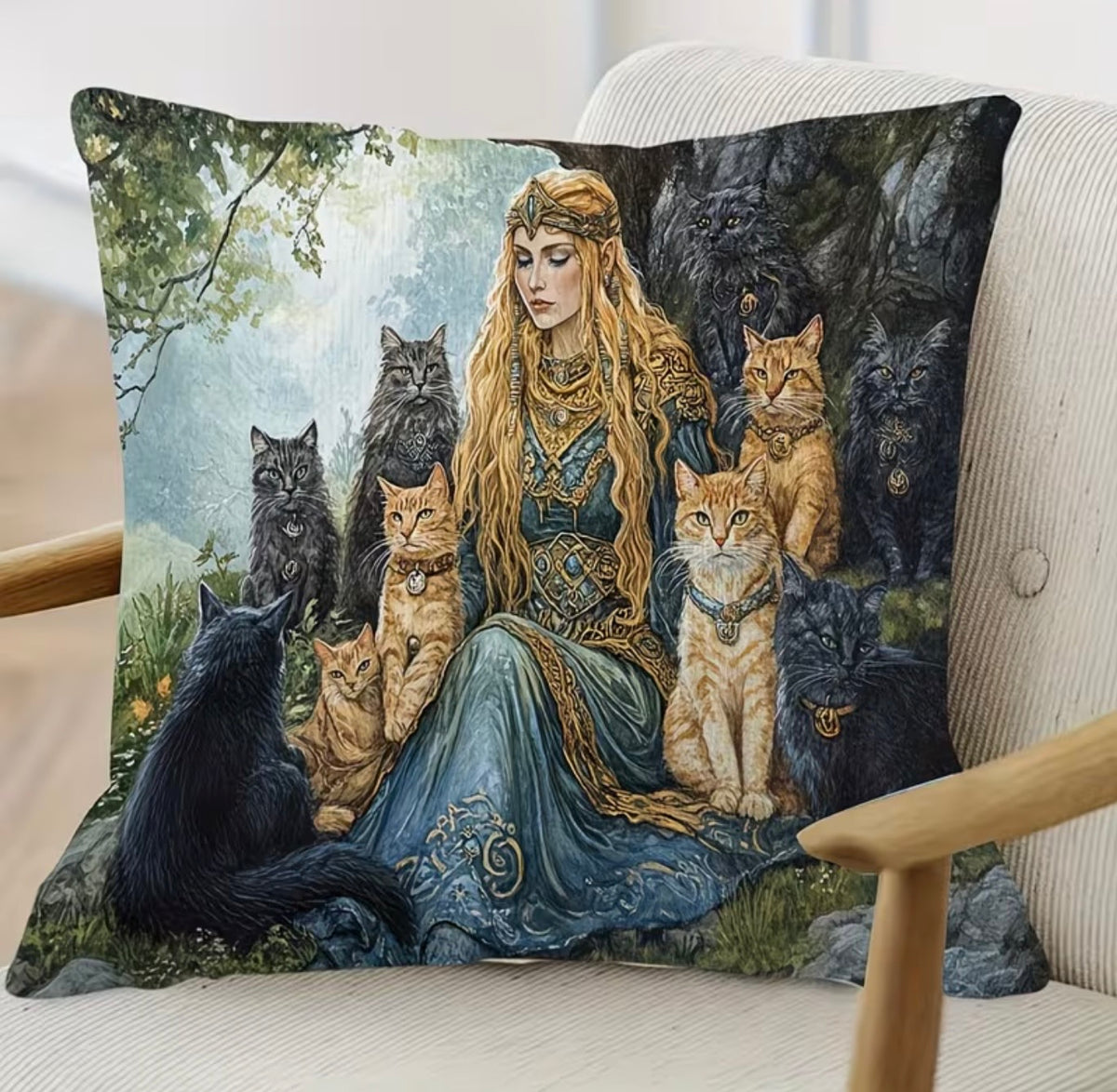 Freyja & Her Cats – Blue Velvet Cushion Cover