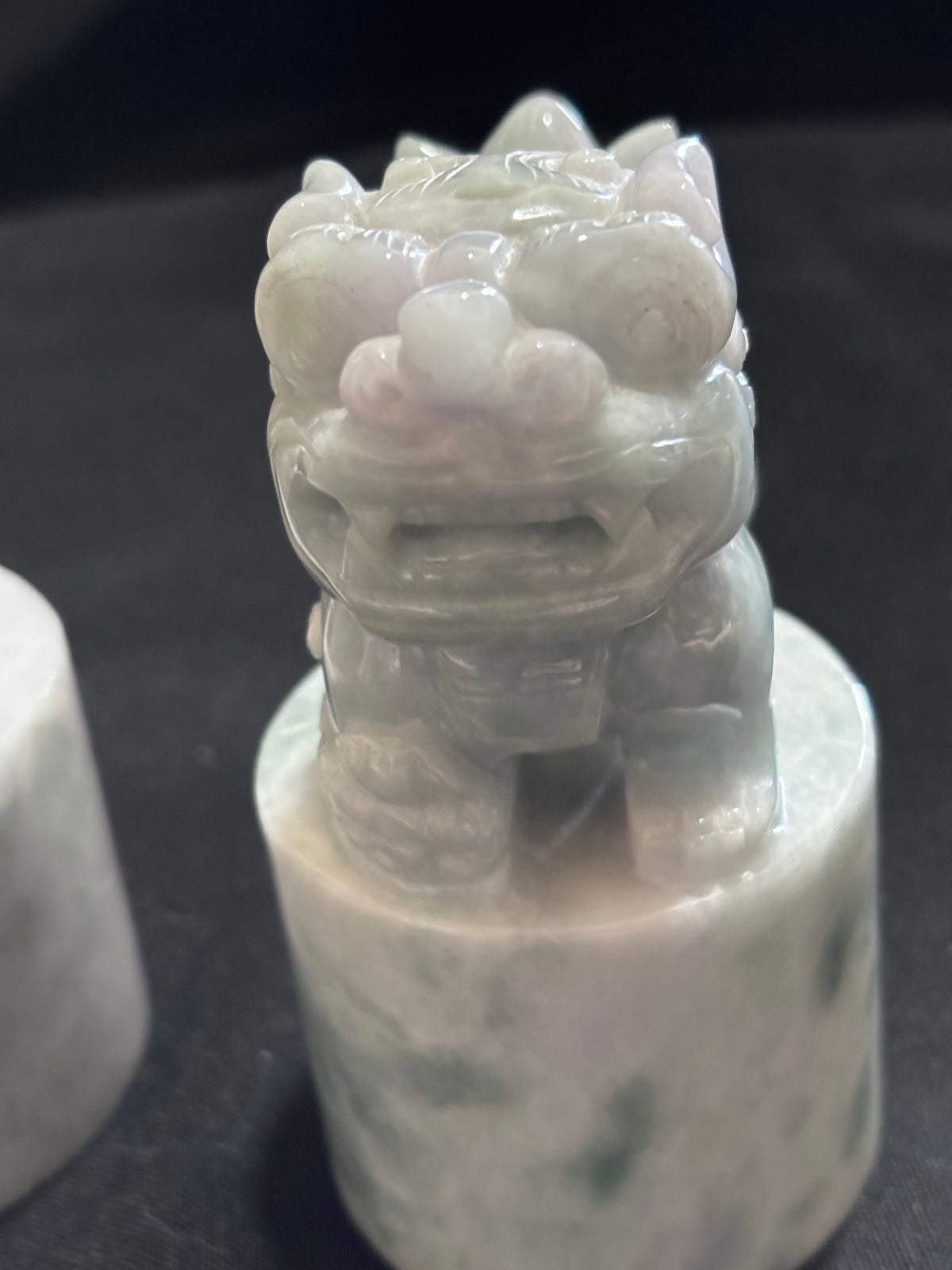 Pair of Vintage Carved Grey & White Jade Foo Dog Guardian Lions