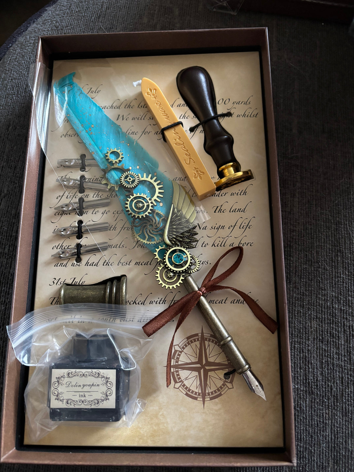 Vintage Turquoise Feather Ink & Quill Writing Set