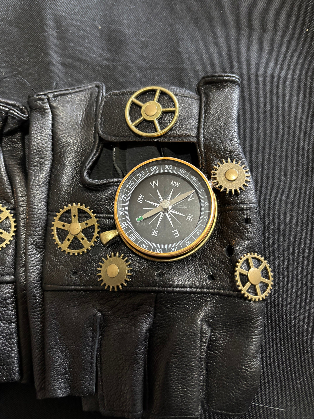 Steampunk Leather Fingerless Gloves with Working Compasses