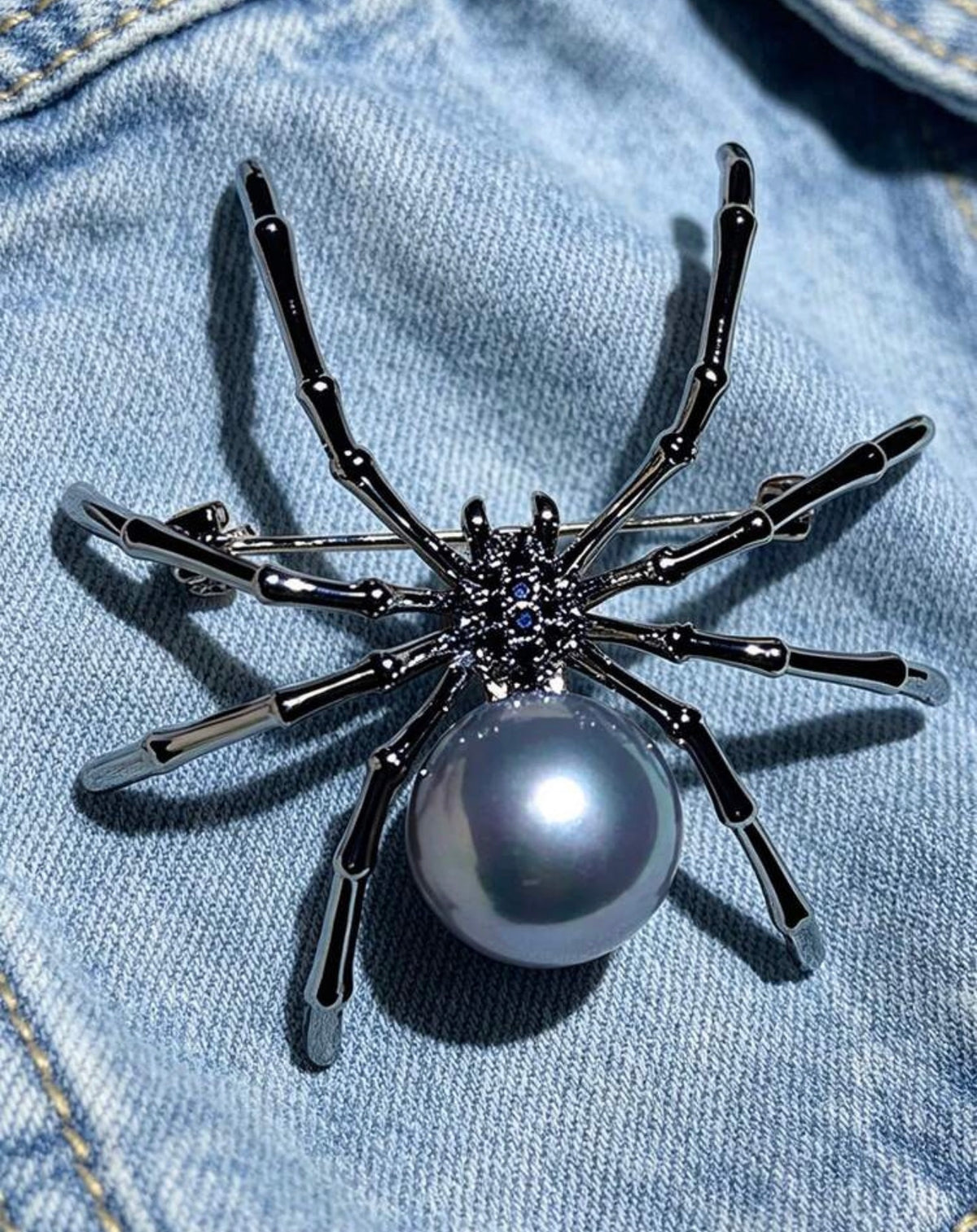 Gothic Black Spider & Grey Pearl Brooch
