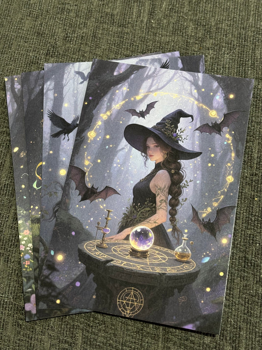Witch & Familiar A6 Postcard Set – Gothic Fantasy Art Prints – Magical Forest Witch Cards (Set of 4)