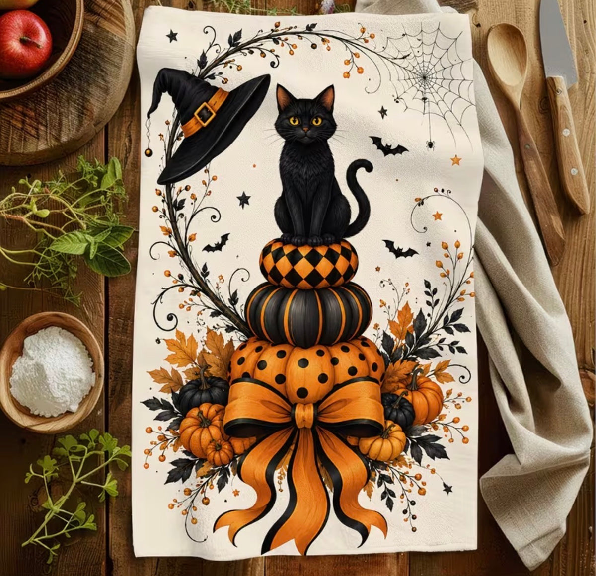 Pumpkin Familiar – Black Cat Halloween Tea Towel