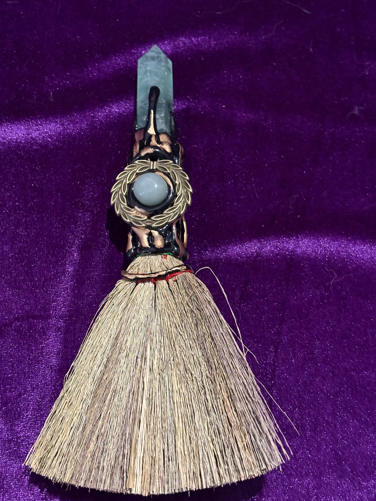 Large Green Aventurine & Amazonite Altar Broom – Natural Bristle Ritual Besom