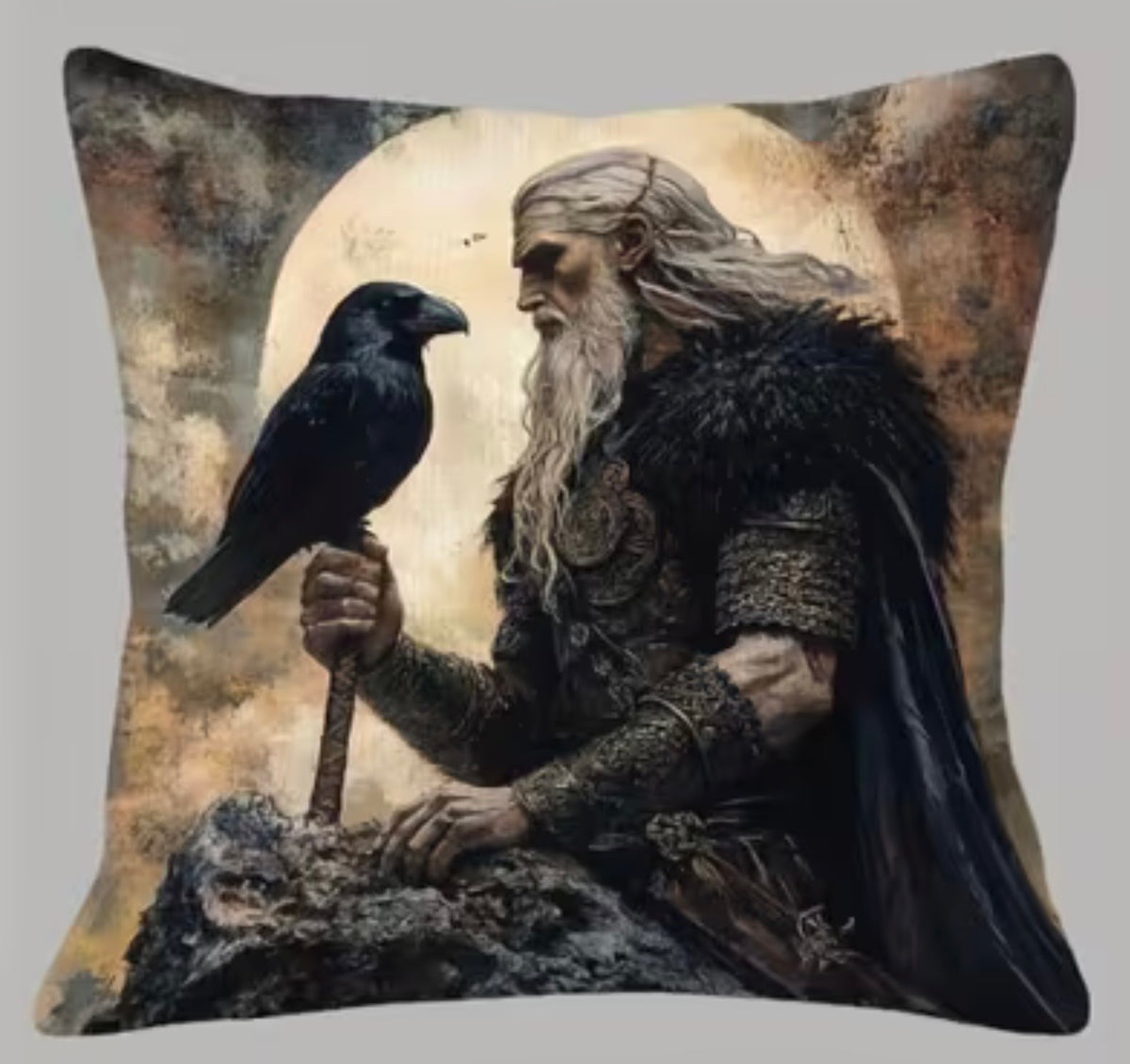 Odin & His Raven – Norse Mythology Velvet Cushion Cover 45 × 45 cm