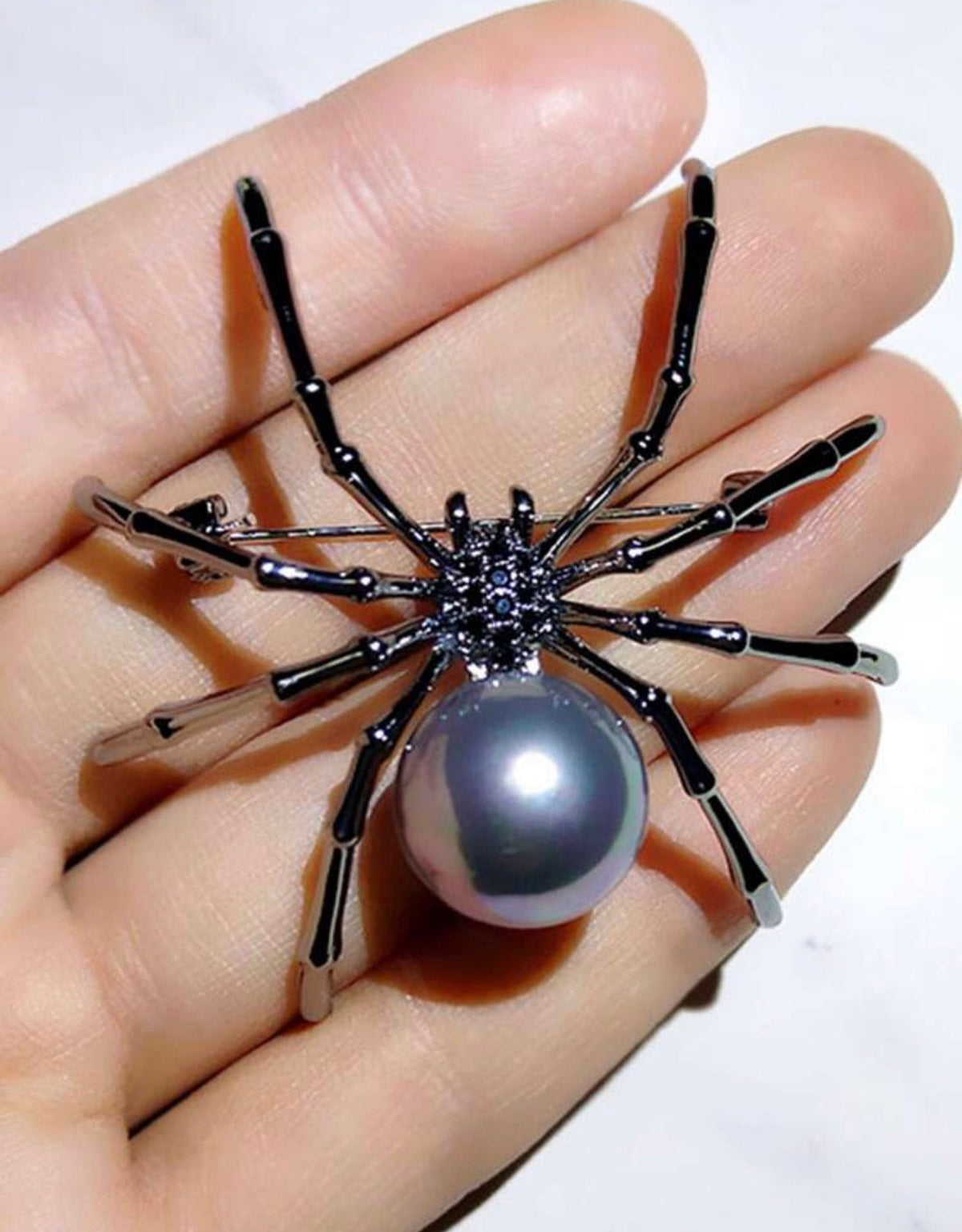 Gothic Black Spider & Grey Pearl Brooch