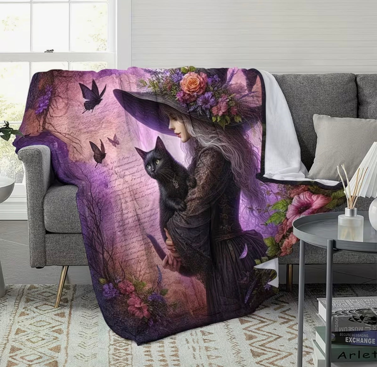 Floral Witch and Black Cat Fleece Blanket – 180 × 230cm