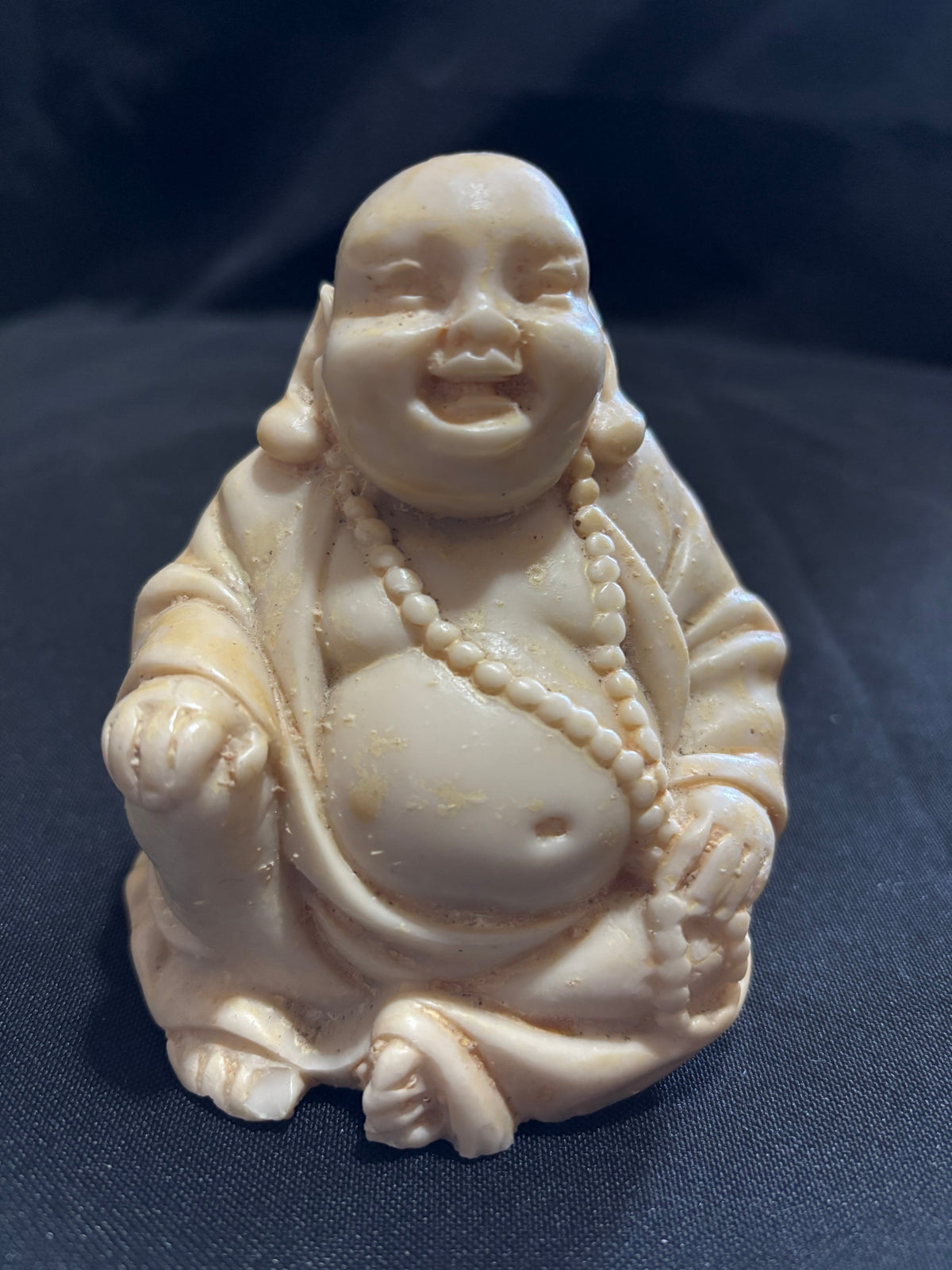 Large Vintage Cream Resin Laughing Buddha with Prayer Beads