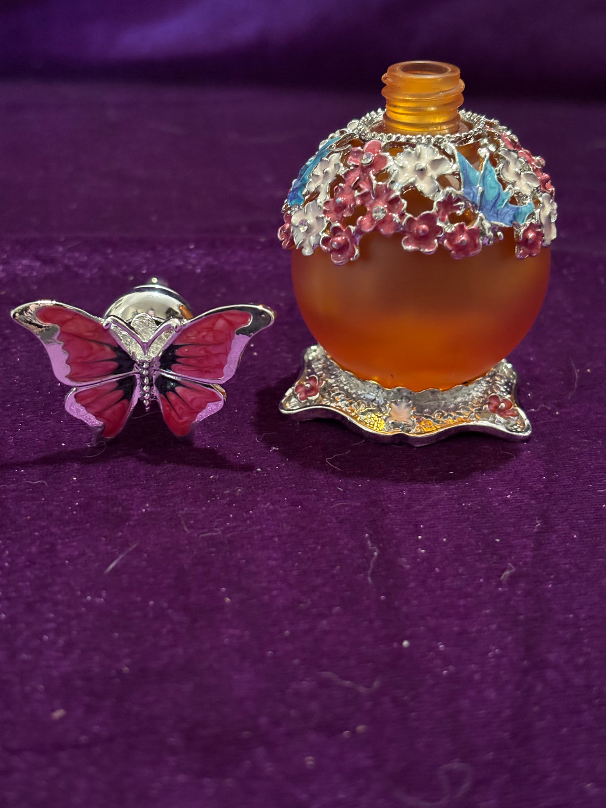 Handmade Red Butterfly & Blossom Glass Perfume Bottle – 25ml