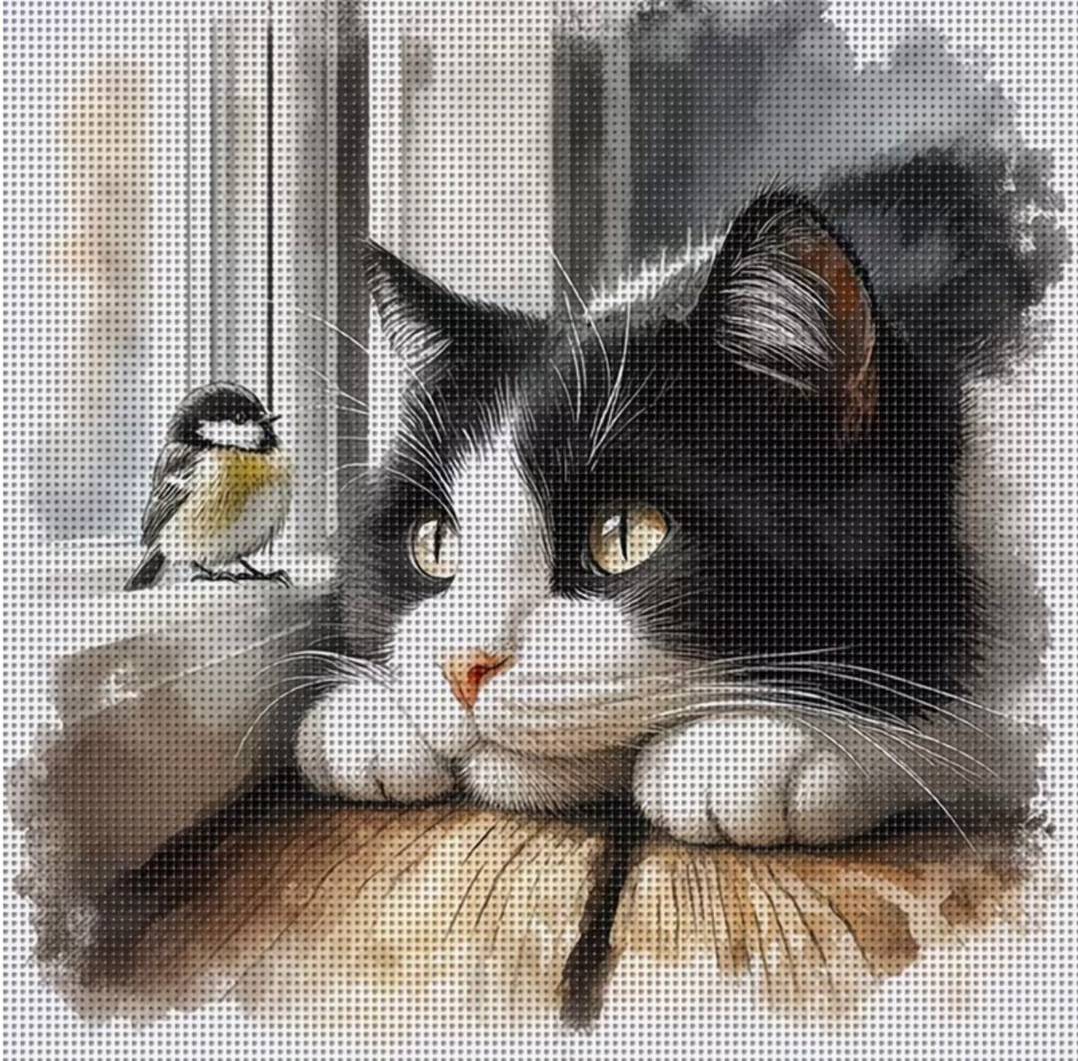 Black & White Cat and Bird 14-Count Cross-Stitch Kit – 36 × 30 cm
