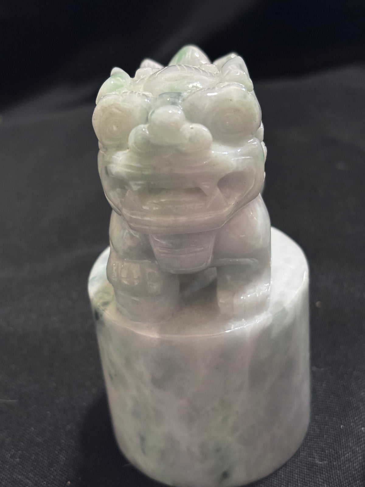 Pair of Vintage Carved Grey & White Jade Foo Dog Guardian Lions