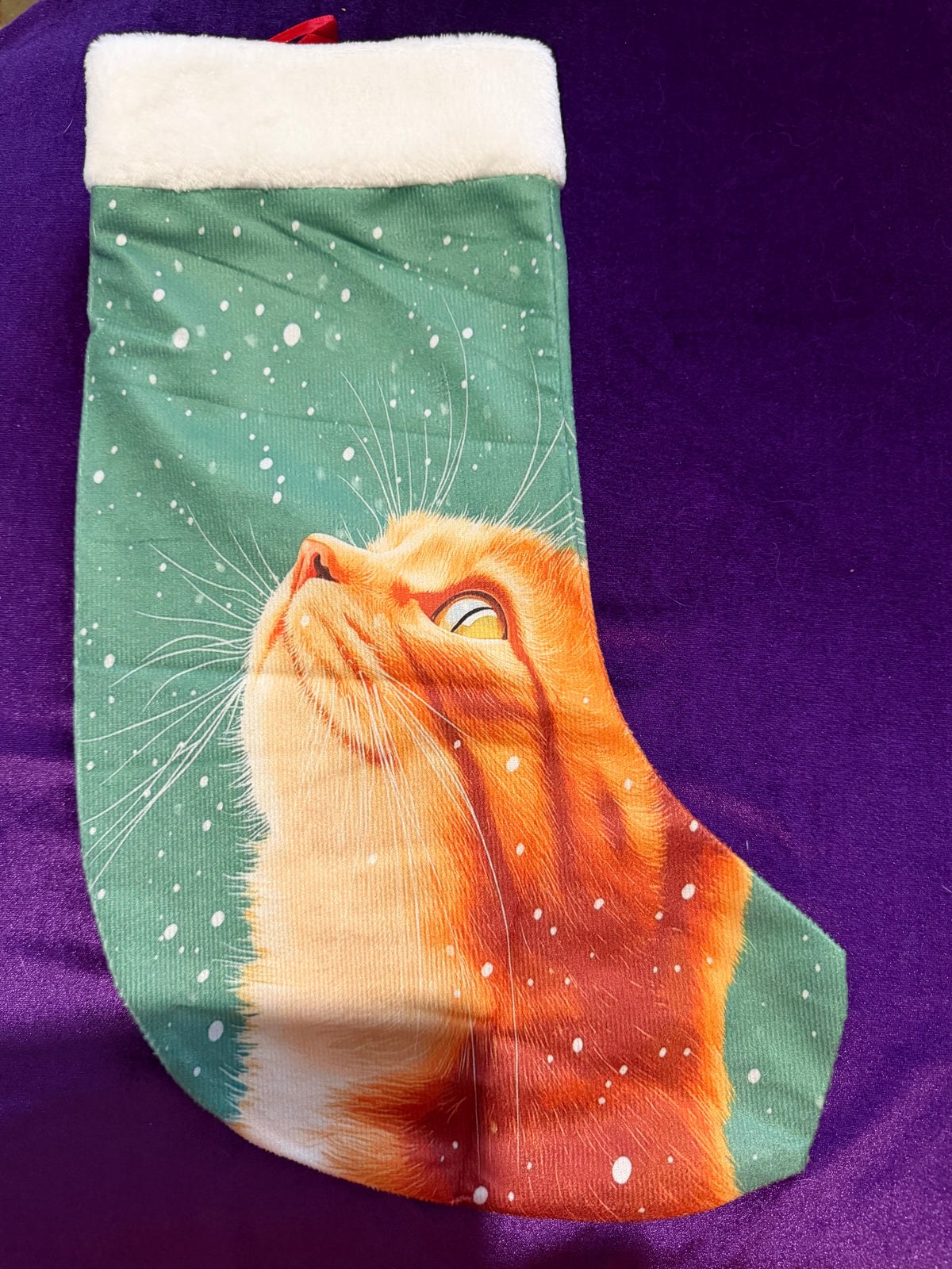 Snowfall Ginger Cat Velvet Yule Stocking