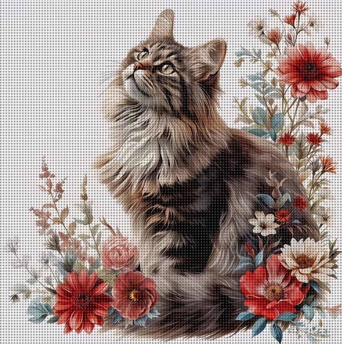 Floral Cat 14-Count Cross-Stitch Kit – Complete Kit – 36 × 30 cm
